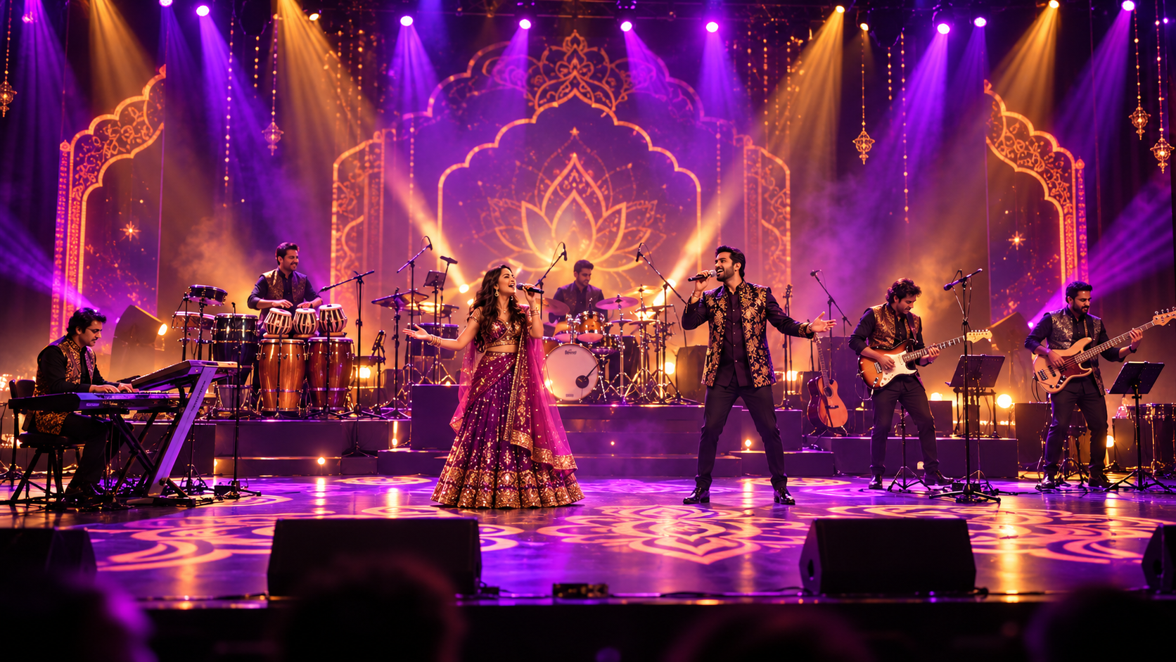 Illustratief Bollywood-concert op een podium met paarse en gouden belichting; fictieve muzikanten
